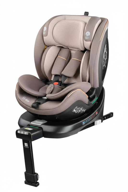 Gray car seat with black base on a white background
