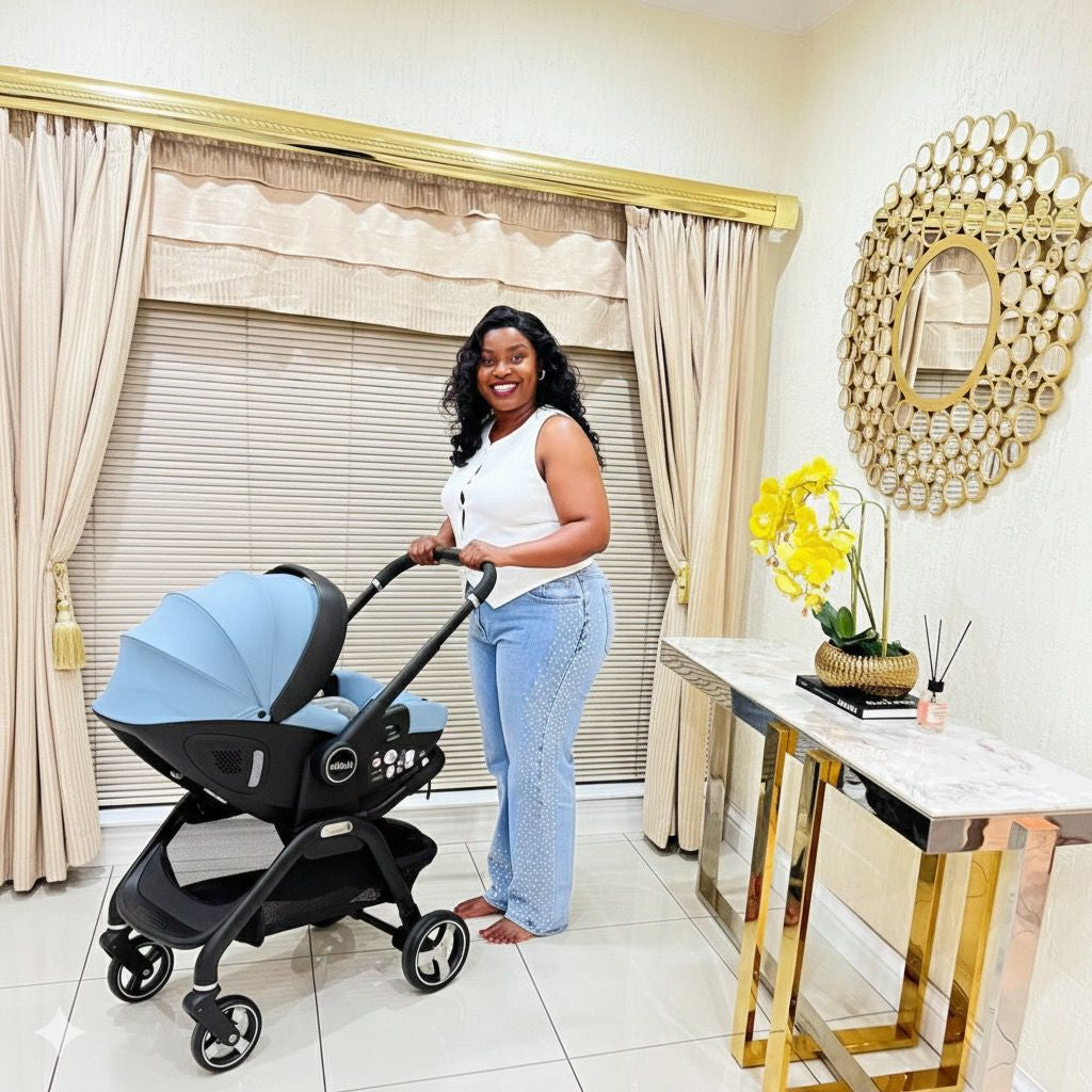 Loreen, the founder of ClassicLo pushing a baby stroller in a well-decorated room in Mulbarton, Johannesburg.