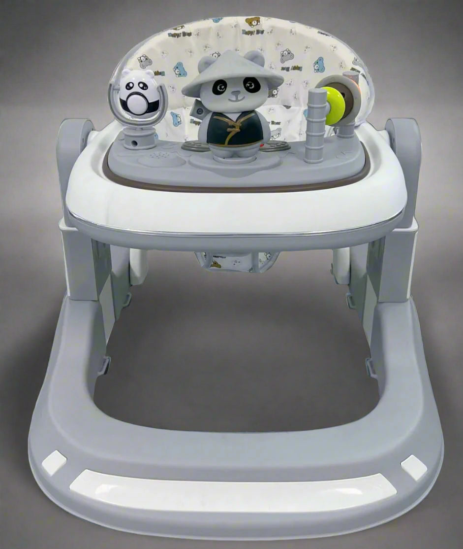 Baby walker with panda design on a gray floor